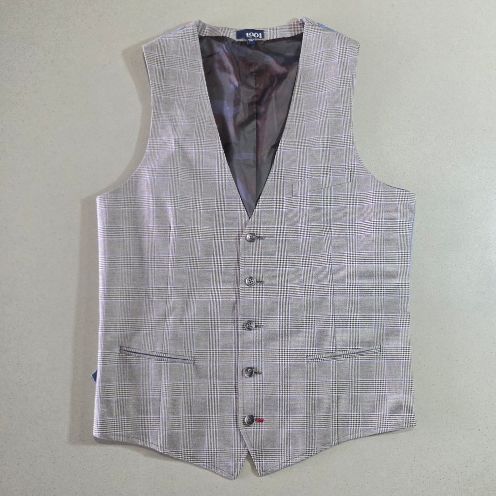 1901 Mens Glen Plaid Suit Vest Grey Blue Waistcoat Size Medium